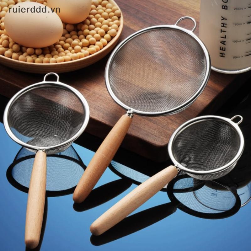# ruierdd # Tay cầm bằng gỗ Thép không gỉ Máy lọc dầu lưới nhỏ Lưới lọc dầu đa chức năng Lưới lọc bột Dụng cụ làm bánh nhà bếp.