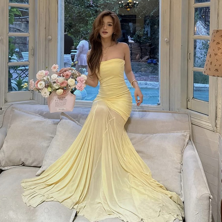 Klalian Ruched Đầm Thanh Lịch Nữ Gợi Cảm Không Dây Lưng Lưới Chắp Vá Xù Viền Nửa Đêm Cocktail Dự Tiệc Thời Trang