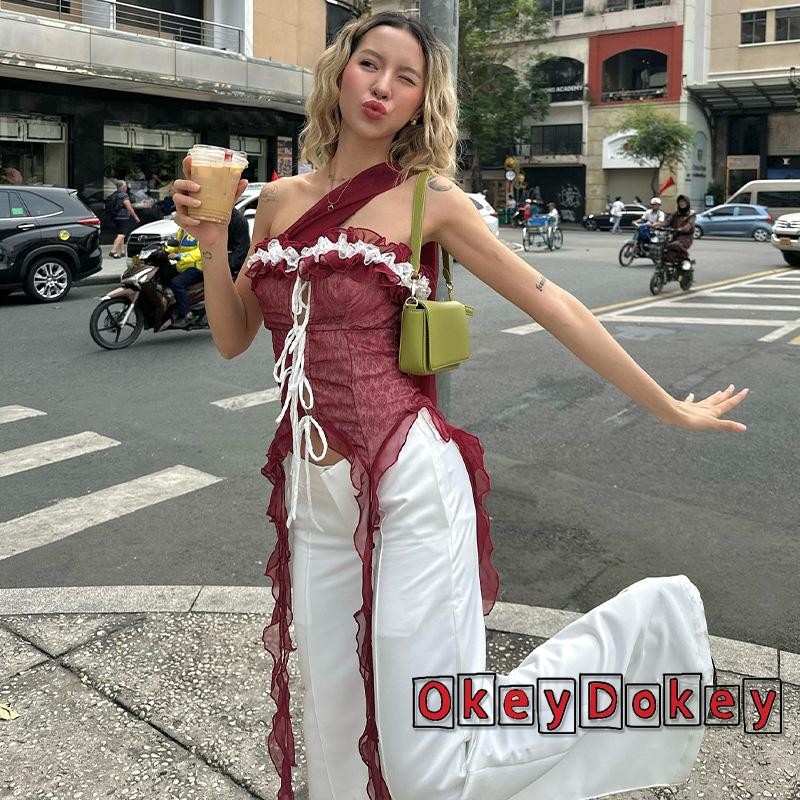 OKDK-Áo ống trước không đều có viền lưới không tay cho nữ