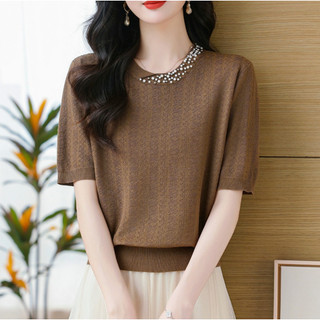 Công Nghiệp Nặng Đính Hạt Áo Thun Nữ Tay Ngắn Phong Cách Mới Thời Trang Phong Cách Phương Tây Trẻ Mẹ Mùa Hè Tencel Áo Len