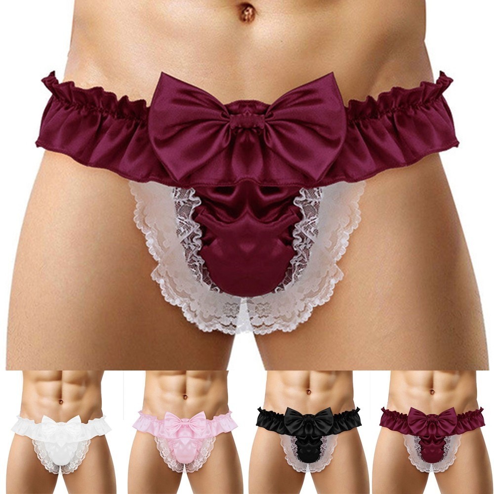 {WELV}Men's Sexy Satin Lace See Through Panties G String Thong Briefs Lingerie