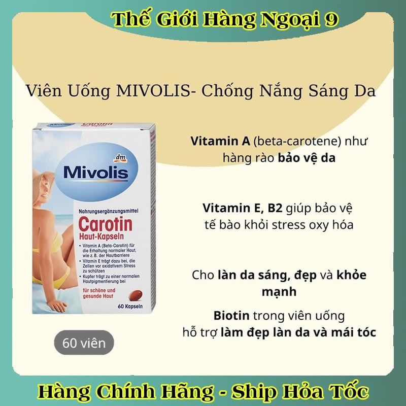 [Đủ Bill] [Tách lẻ] Viên Uống Chống Nắng Mivolis Carotin Hộp 60 Viên - Hàng Đức Chính Hãng