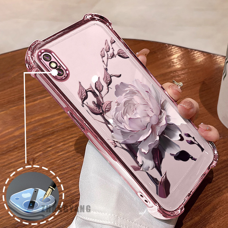 Ốp Lưng Cho iPhone X Xs Xr Xs Max Bốn Góc Mạ Điện Chống Rơi Vỏ Điện Thoại Hoạt Hình Thẩm Mỹ Họa Tiết Sen TPU Mềm
