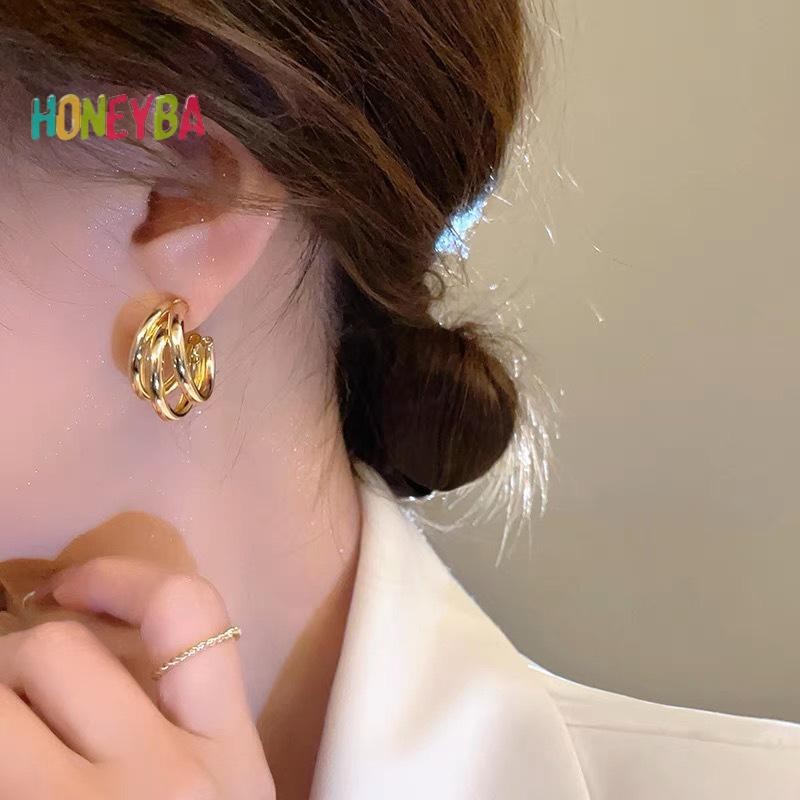 < Honeyba > 1 Đôi Bông Tai Bông Tai Hình Học Phóng Đại Kim Loại Cho Nữ Cô Gái Tính Khí Thời Trang Trang Trang Sức Dự Tiệc Phụ Kiện Đơn Giản