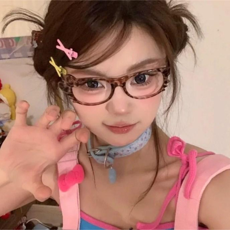 [Không có ống kính] Khung kính mắt in tai mèo Da báo - Y2K Retro Thắt nơ Kính mắt Khung DIY Cosplay Trang trí tiệc Quà tặng thời trang