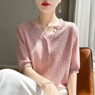 2025 Phong Cách Mới Thời Trang Rời Ren Ngắn Tay Nữ Mùa Hè Mỏng Dệt Kim Đính Hạt Top Cổ Chữ v