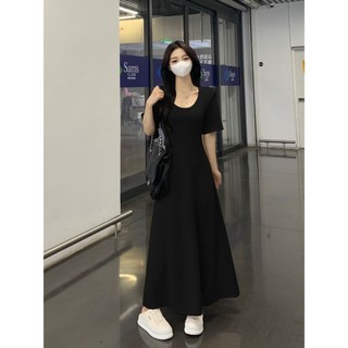 [Váy dài vừa vặn đơn giản] Đầm cỡ lớn nữ béo mm Size lớn 100kg Váy ngắn tay cổ chữ u dành cho nữ Váy chữ a dáng rộng hẹp Váy xoay lớn mùa hè Màu trơn Một @ -