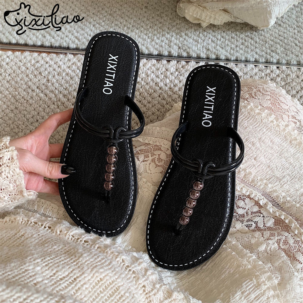 XIXITIAO Dép Lật Phẳng Màu Sắc Mùa Hè Phù Hợp Với Thời Trang Đính Hạt Đi Biển Flip Flops Nữ