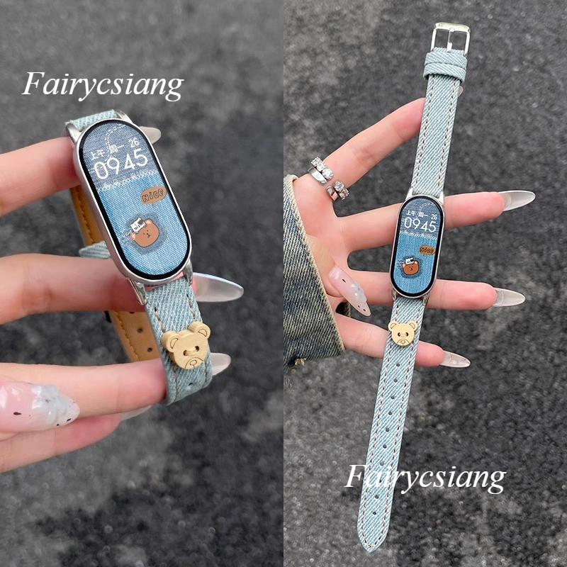 Gấu Nhỏ Denim Dây Đeo Cho Mi Band 10 9 8 7 6 5 4 3 Phụ Kiện Vòng Tay Cao Bồi Cho Xiaomi Band 9 8 Dây Đeo Tay