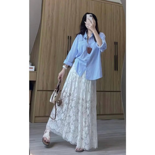 Set áo sơ mi sọc xanh tay dài phối chân váy ren hoa dáng dài xoè trong suốt hottrend freesize dưới 56kg _SEP House