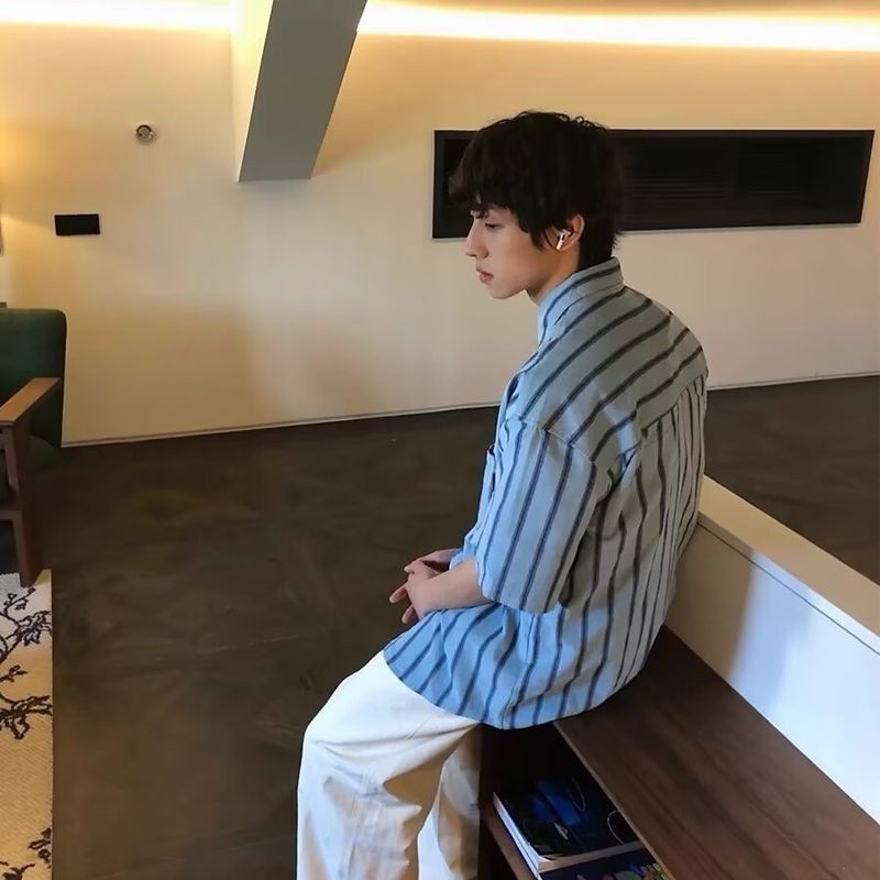 ThaliaWisp Unisex Retro Sọc Áo Sơ Mi Tay Ngắn Rời Áo Sơ Mi Cặp Đôi Hợp Thời Trang Áo Khoác