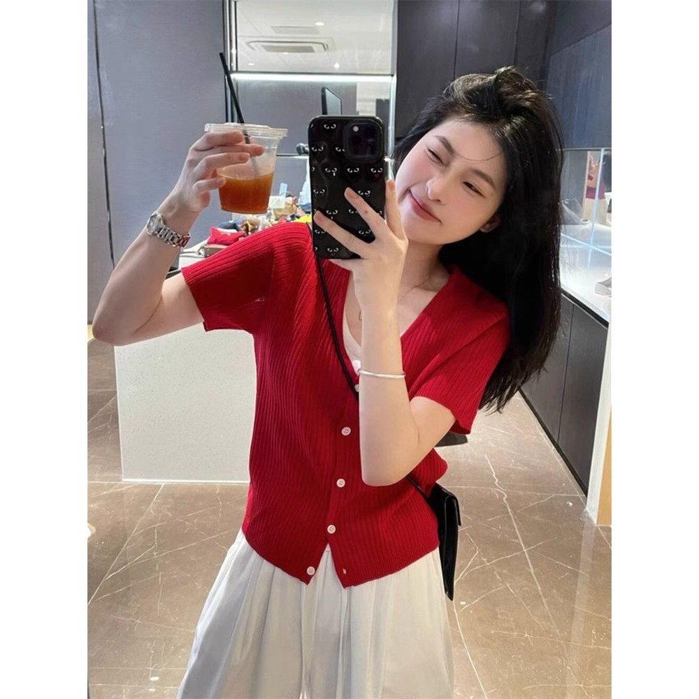 SUXI Áo thun nữ cổ chữ V màu xanh mùa hè đơn giản 250419
