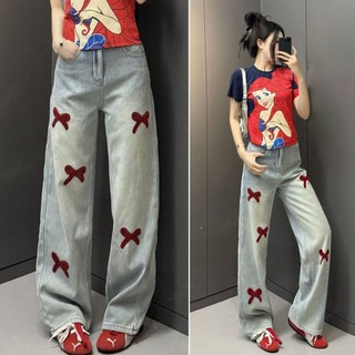 Quần jean xuông bigsize nữ phối nơ thêu đỏ xinh nổi bật thời trang phá cách size 50-92kg - Q551