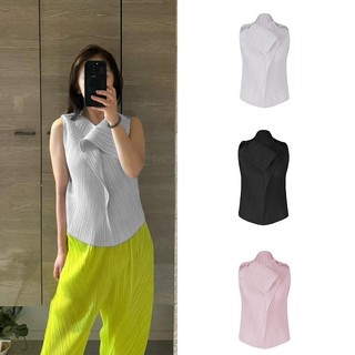 Miyake Xếp Ly Phong Cách Tháng Bảy Hàng Đầu Hot Girl Phong Cách Ngắn Hình Đặc Biệt Không Tay Ve Áo Nút Sang Trọng Độc Đáo Vest jk112