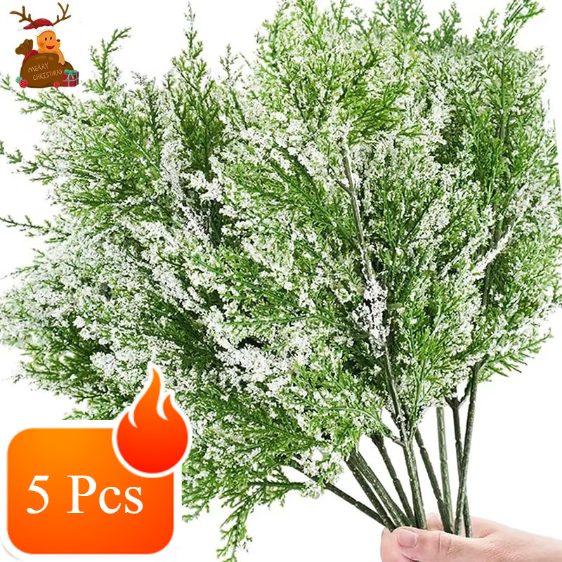 [Đặc sắc] 5 Cái Chi nhánh thông bông tuyết mô phỏng Giáng sinh - Trang trí vòng hoa cây Giáng sinh - Lá kim thông nhựa - Bó hoa lá cây nhân tạo - Trang trí tiệc cưới
