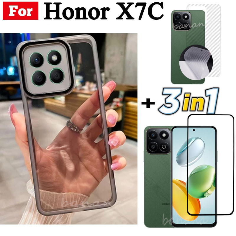 Ốp điện thoại Honor X7C X7B X7A X8A X8B X6A X6B Mạ Vỏ mềm trong suốt có bảo vệ Camera và kính cường lực và mặt sau 3 trong 1