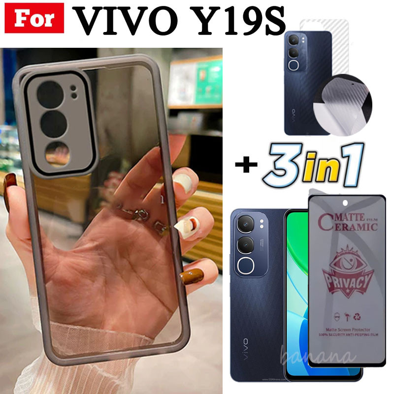 Ốp điện thoại trong suốt bằng silicon mềm TPU 3 trong 1 Vivo Y19S Y18 Y18E Y28 4G Y03 có vỏ bảo vệ Camera + Kính cường lực riêng tư + Phim mặt sau