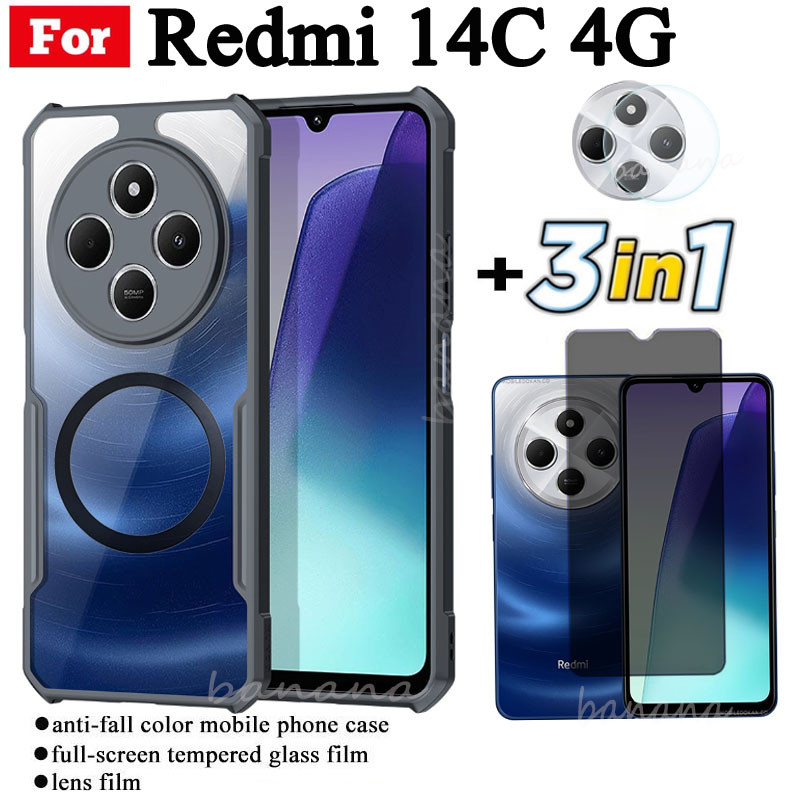 Ốp điện thoại chống sốc 3 trong 1 Redmi 14C có nhãn dán sạc không dây từ tính cho Redmi 13C C65 C75 Kính cường lực chống gián điệp Bảo vệ màn hình và màng ống kính
