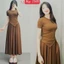 Set Váy Vạt Nhọn Cổ Tròn, Áo Ngắn Tay Kèm Chân Váy Xòe (thun tăm) Women Nữ Nhung