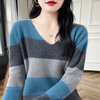 Mùa Thu Đông Cổ Màu-Block Cổ Chữ V Áo Len Nữ Phong Cách Mới Phong Cách Ngắn Rời Phong Cách Phương Tây Tay Dài