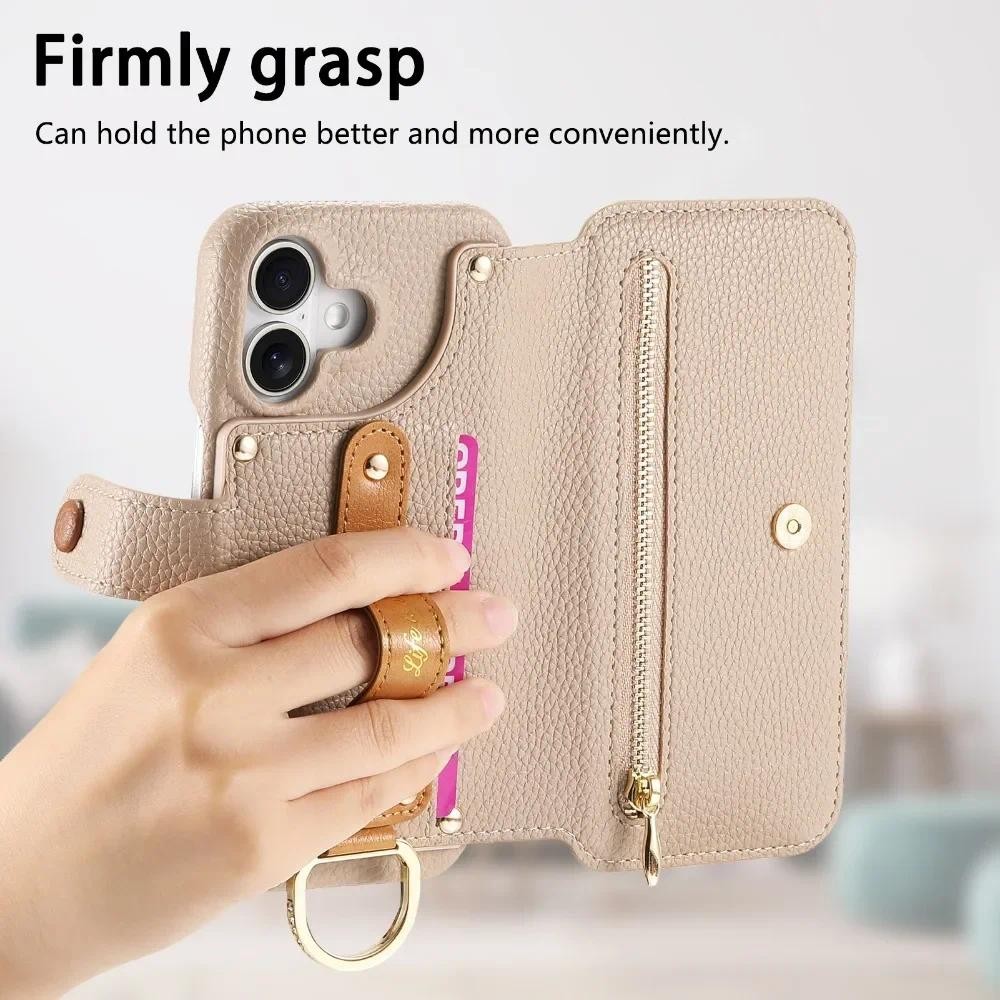 Ví Lật Khe Cắm Thẻ Ốp Lưng Điện Thoại Có Dây Đeo Cổ Tay & Nhẫn Cho iPhone 16 Pro Max 15 14 Plus 13 12 11 XS XR SE 2022 7 8
