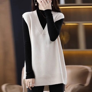 Áo Vest Xanh Hải Quân Áo Vest Kích Thước Lớn Giữa Chiều Dài Dệt Kim Áo Vest Nữ Thu Đông Cổ Chữ V Áo Chui Đầu Áo Len Nữ Áo Khoác