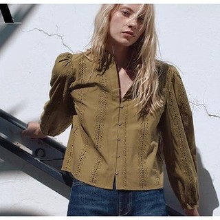 Áo Sơ mi Zara made in Morocco Thêu đột rỗng Cotton Dài Tay