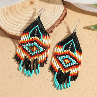 1 đôi bông tai tua rua dài hạt gạo cổ điển dành cho nữ, bông tai dệt thủ công Bohemian
