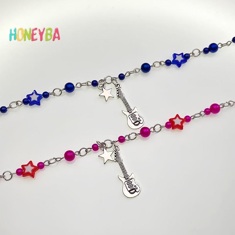 < Honeyba > Vòng Tay Cặp Đôi Y2K Hợp Thời Trang Mới Cho Nữ Cô Gái Rỗng Pentagram Guitar Mặt Dây Chuyền Đính Hạt Vòng Tay Bạn Bè Món Quà Trang Sức