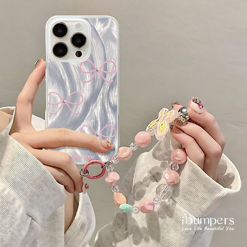 ibumpers Ốp Điện Thoại iPhone Thanh Lịch Có In Nơ Màu Hồng Tinh Tế Và Dây Đeo Đính Hạt Lấp Lánh Ốp Lưng Trong Suốt Nhám Mờ Chống Bẩn Chống Sốc Cho IPhone 16 15 14 12 13 11 Pro Max IP 7 8 Plus X XS XR