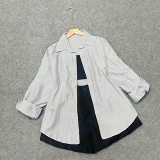 Set 3 Món Bigsize Nữ Áo Sơ Mi Kẻ Sọc Kèm Áo Quây Quần Đùi Năng Động Mùa Hè Cho CHubby