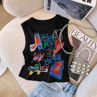 Thiết Kế Không Tay Mùa Hè ins Áo Vest Giảm Tuổi Hình Chữ I Tay Ngắn Graffiti Top Niche Xám Nữ Phù Hợp Với
