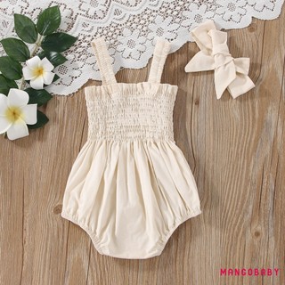 MG-Baby Áo Liền Quần Mùa Hè Trang Phục Màu Trơn Ruched Bé Gái Thường Ngày Không Tay Suspender Rompers Và Băng Đô