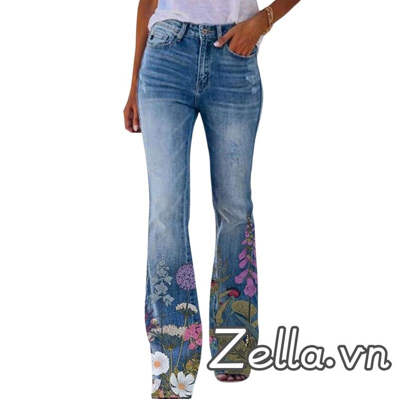 Quần jean nữ mùa xuân mùa hè loe in hoa đáy chuông mỏng Quần Denim