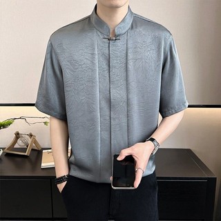 Áo sơ mi ngắn tay cổ đứng bằng lụa băng phong cách 2024 nam mới Quần áo nam Trung Quốc phong cách Trung Quốc Quần áo núi Trung Quốc Áo sơ mi tay năm điểm JP02
