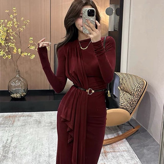 Váy ôm hông váy liền Mùa Đông Kiểu Pháp chít eo váy dài khí chất tôn dáng gầy dài tay phối bên trong 2024 mẫu mới