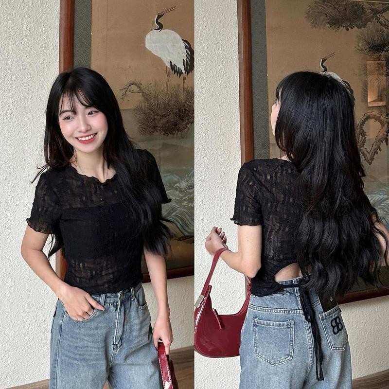 Áo nữ kiểu ren thun hoa nổi tay ngắn rút dây lưng ôm dáng cá tính top