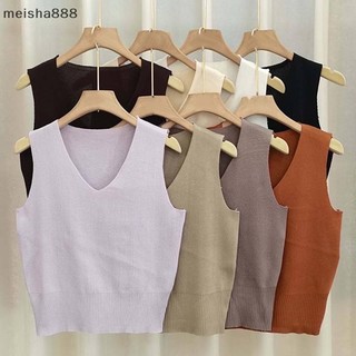 Meisha888 Pháp Màu Trơn Cổ Chữ V Không Tay Đơn Giản Dệt Kim Áo Vest Nữ Đẹp