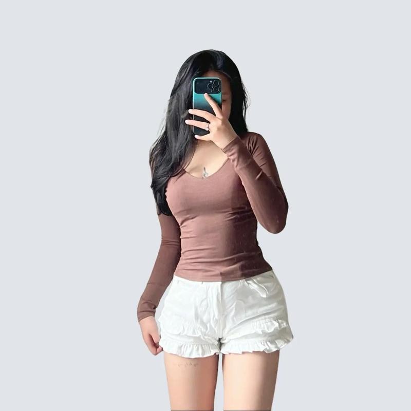 Áo thun cổ tim tay dài form ôm body chất thun cotton borip co dãn tôn dáng phong cách basic dễ phối đồ- A371