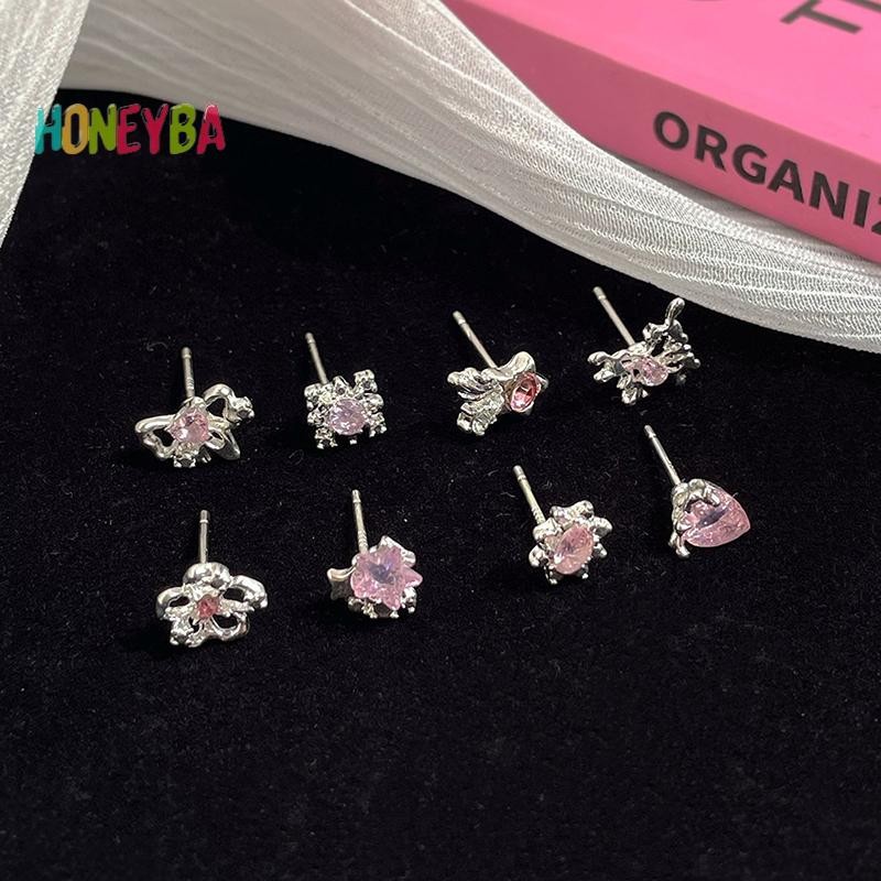 < Honeyba > 6 Bông tai hình trái tim ngọt ngào thời trang dành cho nữ Cô gái Bông tai khí chất thời trang cá tính Phụ kiện trang sức Quà tặng