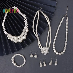 < Honeyba > Bộ trang sức cưới nữ cổ điển thời trang đính đá giả ngọc trai Vòng cổ vòng tay Bông tai Tiệc cưới Món quà trang sức