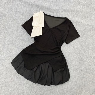 Sét Bigsize Nữ Áo Thun Tay Ngắn Vạt Nhọn Chéo Nơ Vai Chất Ruby Co Giãn Phối Váy Bí Lụa Xoa SET947