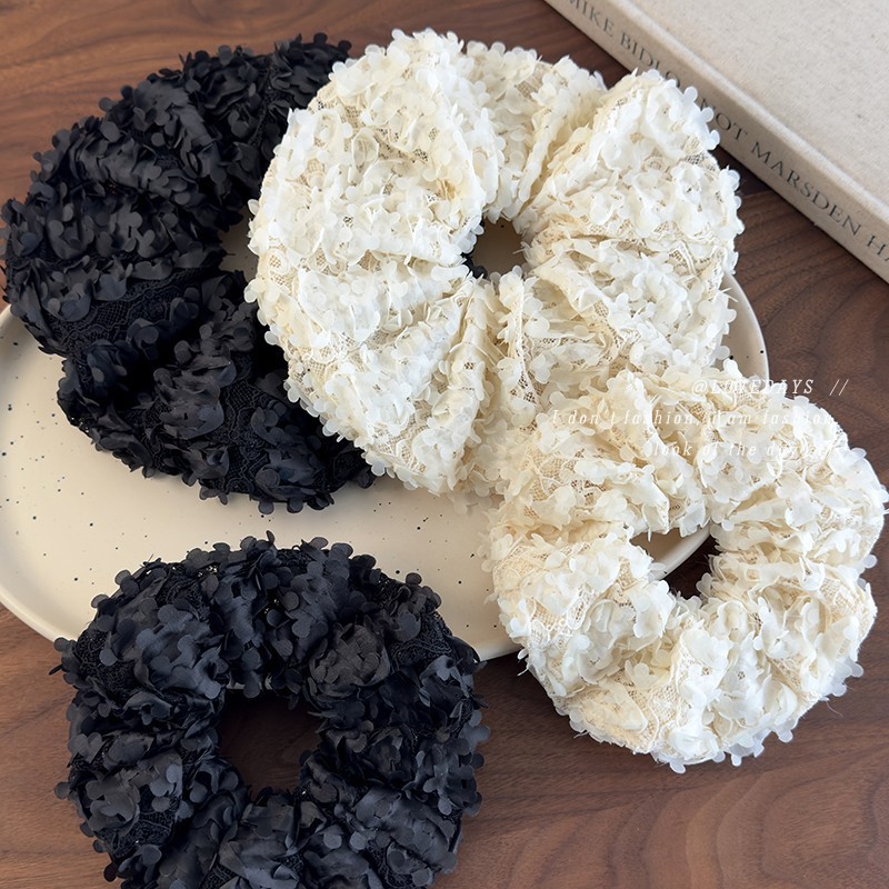 Hàn Quốc Phong Cách Mới Cánh Hoa Đen Trắng Ba Chiều Gạc Scrunchy Dây Buộc Tóc