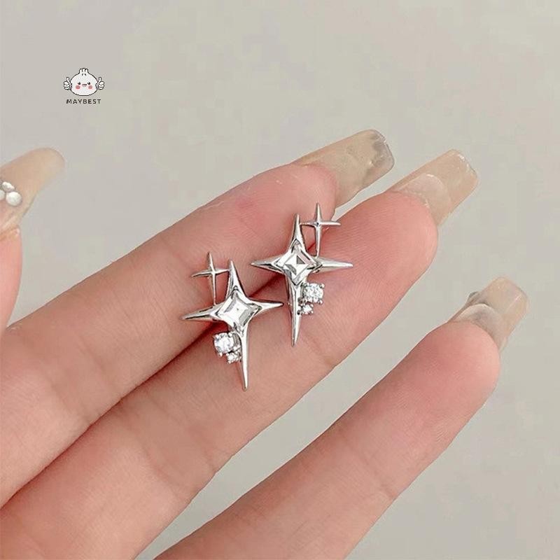 Maybest 1 Đôi Bông tai hình ngôi sao bạc thời trang Zircon dành cho nữ Cô gái Hàn Quốc Ngôi sao bốn cánh Bông tai cá tính Trang sức {VN}