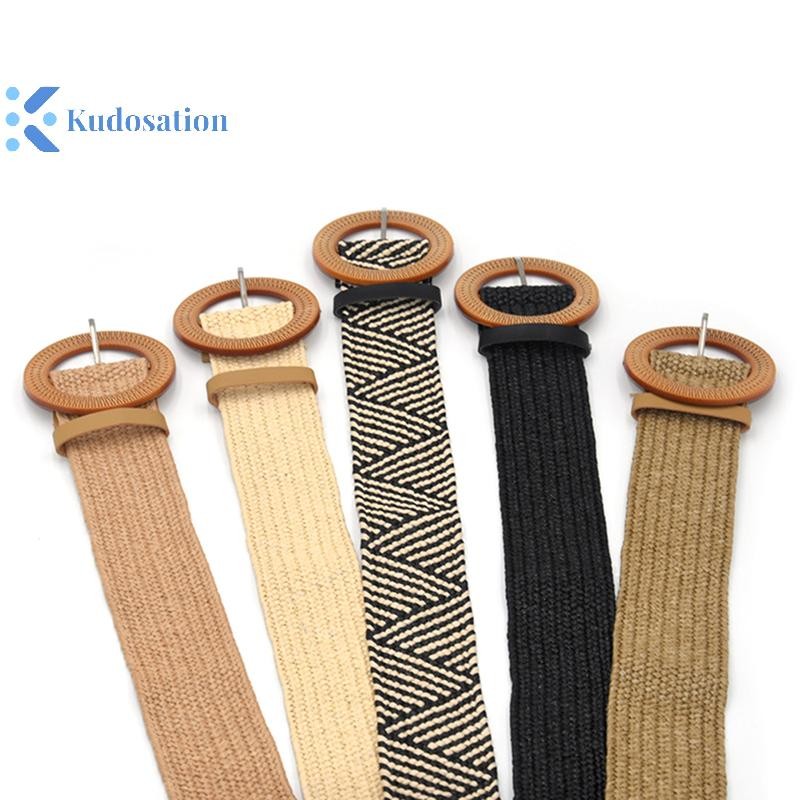 Kudosation Mùa Hè Nữ Thắt Lưng Co Giãn Khóa Tròn Vintage Boho Rơm Dệt Thắt Lưng Đầm