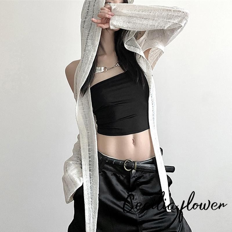 Phụ Nữ Suncreen Cardigan Rỗng Khóa Kim Loại Tay Dài Có Mũ Trùm Đầu Che Mùa Xuân Mùa Hè Thường Ngày Mềm Shrug