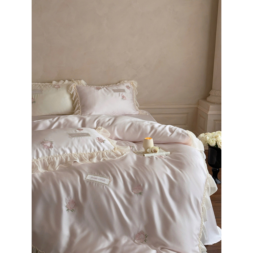 (L41441)Bộ Chăn Ga Gối Chất Liệu Tencel 60s Họa Tiết Thêu Hoa Tinh Xảo Thanh Nhã - MemMinbedding Luxury