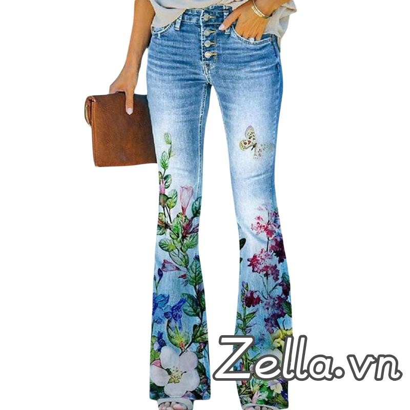 Quần jean nữ mùa xuân mùa hè loe in hoa đáy chuông mỏng Quần Denim