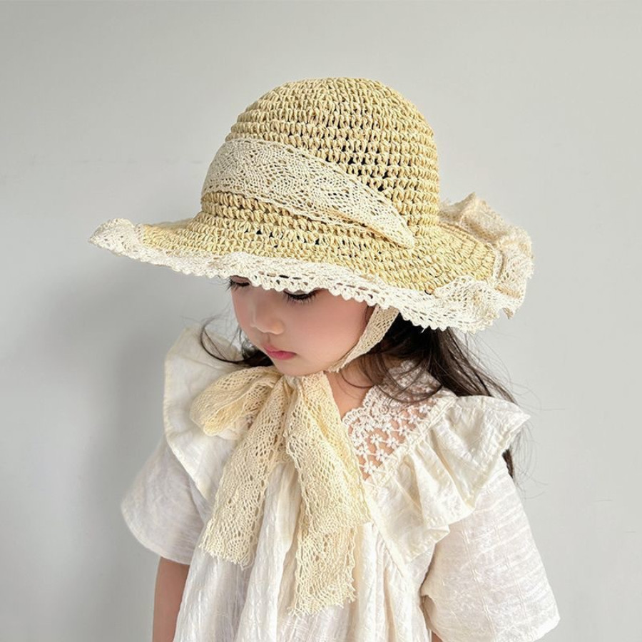 Mũ Cói Ren Đi Biển Cho Mẹ Và Bé Gái Đáng Yêu, Nón Chống Nắng Đi Du Lịch Style Nàng Thơ