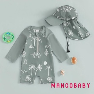 MG-Kid Boy Rash Guard Đồ Bơi Dừa In Hình Cây Dừa Dài Tay Mock Cổ Zip Bộ Đồ Tắm Có Mũ 2 Chiếc Bộ